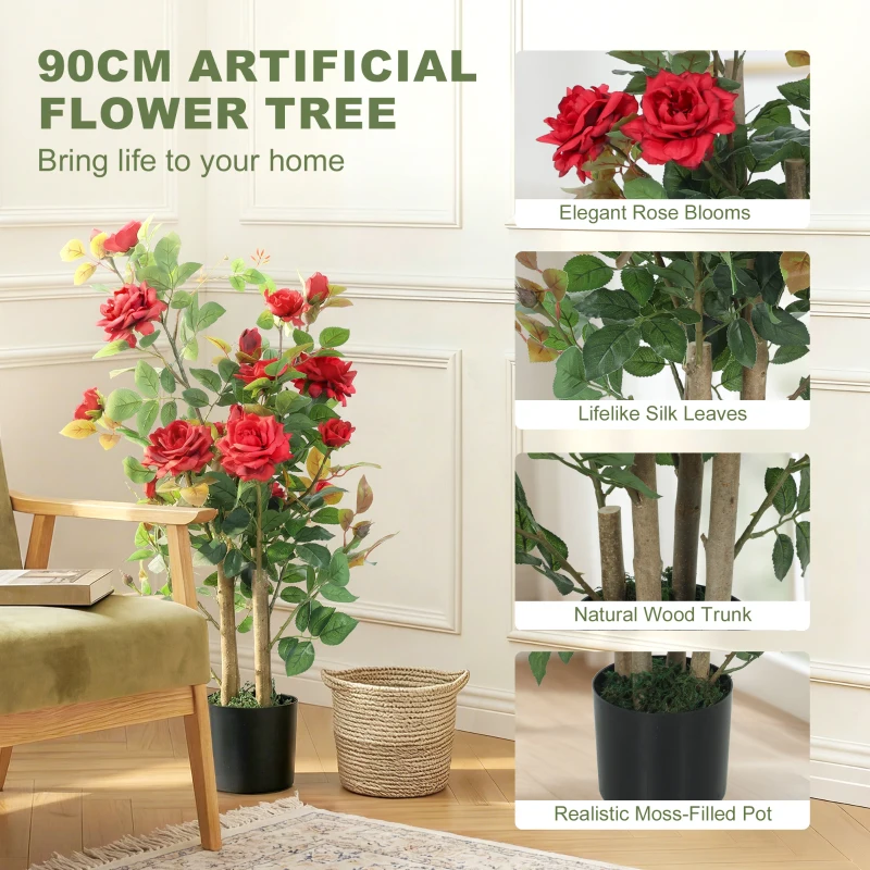 HOMCOM 90cm Artificial Rose Tree Set of 2, Decorative Fake Plant with 344 Silk Leaves 17 Flowers for Outdoor Indoor Decor, Red