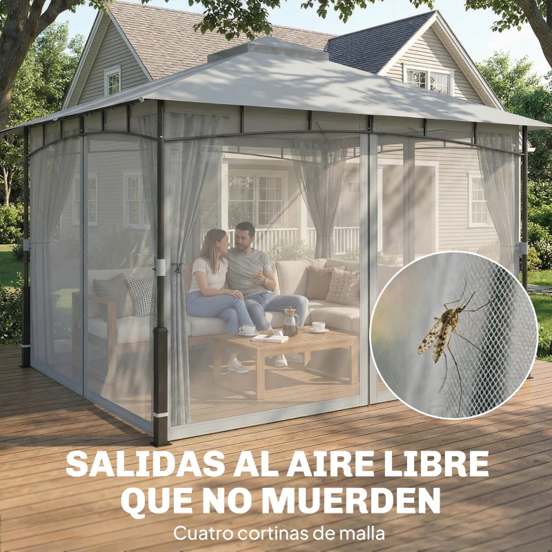 Outsunny Carpa para Jardín con Techo Doble Cenador con Paredes de Malla UPF50+ para Exterior Terraza 360x300x275 cm Gris