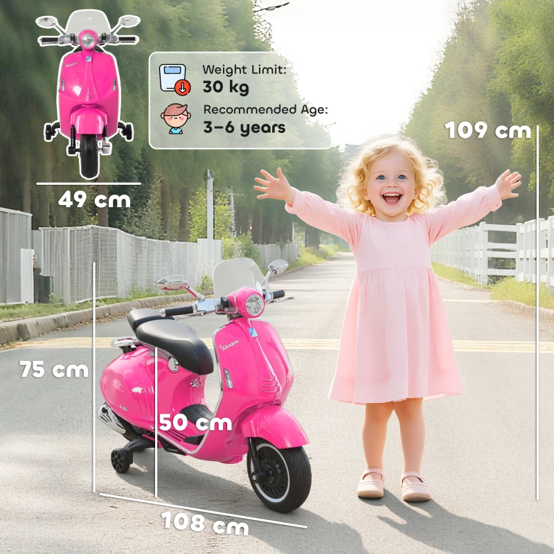 HOMCOM Motocicletă Electrică pentru Copii cu Licență Oficială Vespa, 2 Roți Auxiliare, Lumini și Sunete, 108x49x75 cm, Roz