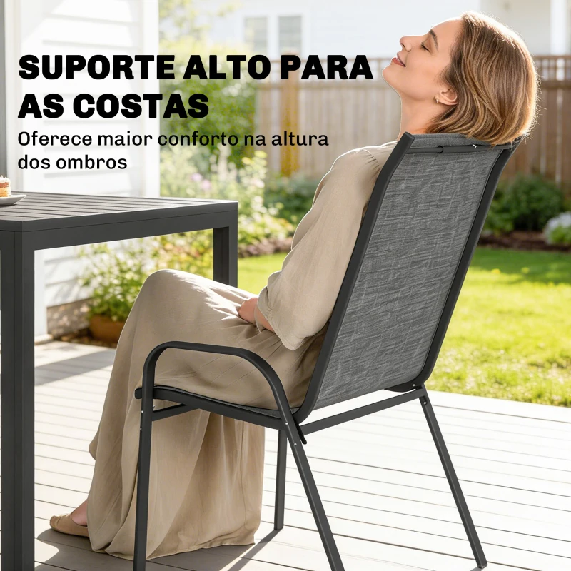Outsunny Conjunto de Mesa e Cadeiras Jardim de 7 Peças com Mesa Metálica Efeito Madeira e 6 Cadeiras Empilháveis Cinza Misto