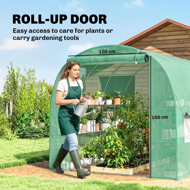 Outsunny Walk-in Greenhouse with Shelves, Polytunnel Greenhouse with Roll-Up Door, 6 Mesh Windows,198 x 275 x 191 cm, Green