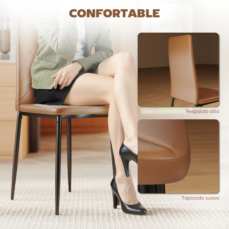 HOMCOM Set de 4 Sillas de Comedor Tapizadas de Piel Sintética con Respaldo Alto y Patas de Acero 41x50x97 cm Marrón
