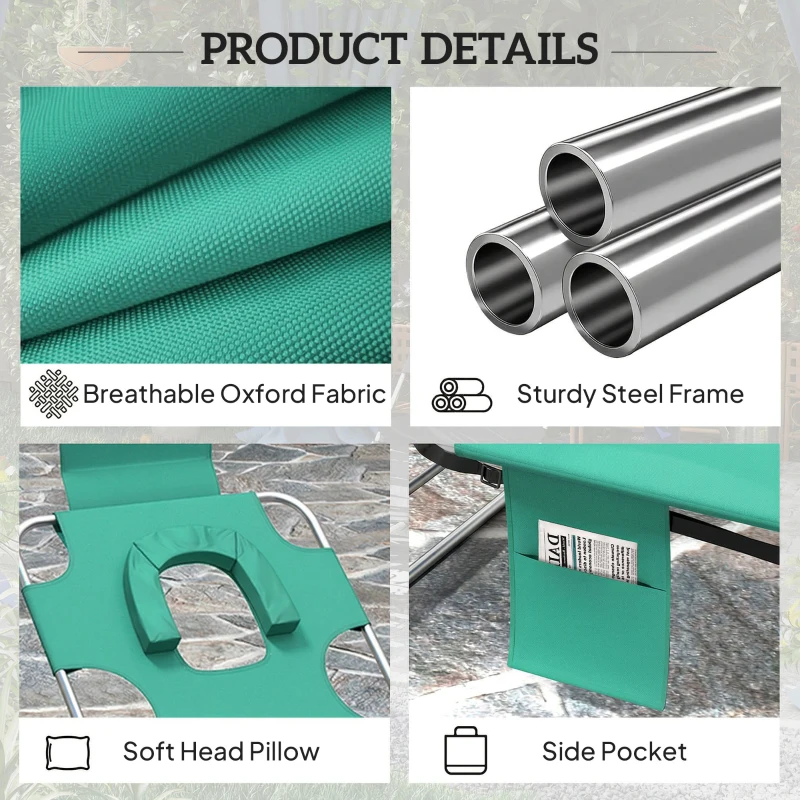 Outsunny 5-Position Adjustable Sun Loungers Set of 2 with Reading Hole and Side Pocket, Green