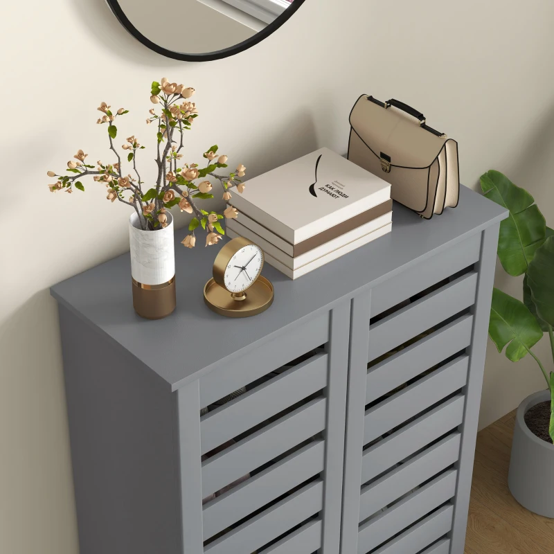 HOMCOM Narrow Shoe Cabinet for Entryway, 5-Tier Slim Shoe Storage Cabinet with 2 Slatted Doors and Adjustable Shelves Grey