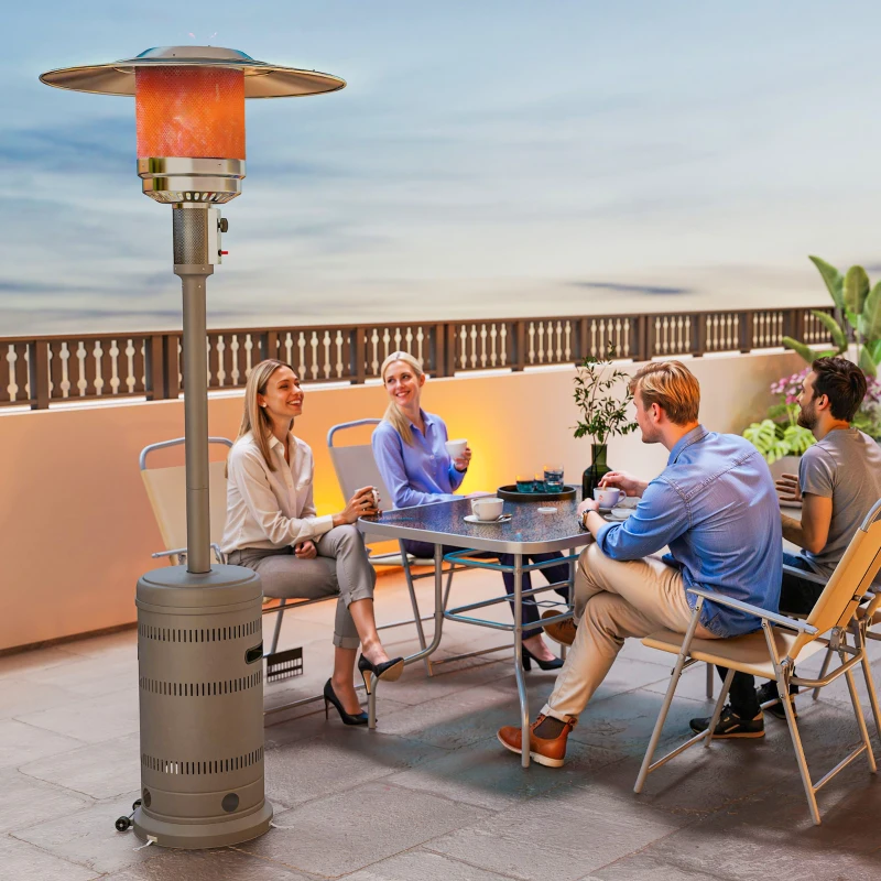 Outsunny Tragbarer Butan-Gasheizer 13 kW mit Kippschutz, piezoelektrischer Zündung und Rollen 82x82x222 cm Grau