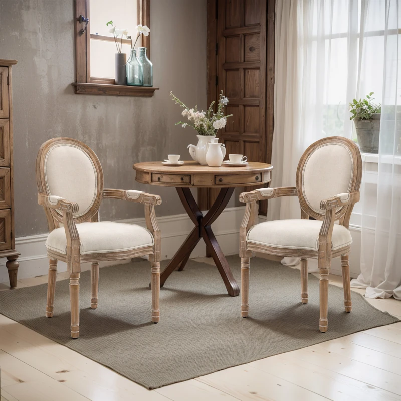 HOMCOM Lot de 2 chaises de Salle à Manger Chaise de Salon médaillon Style Louis XVI Bois Massif patiné sculpté Tissu Lin Crème