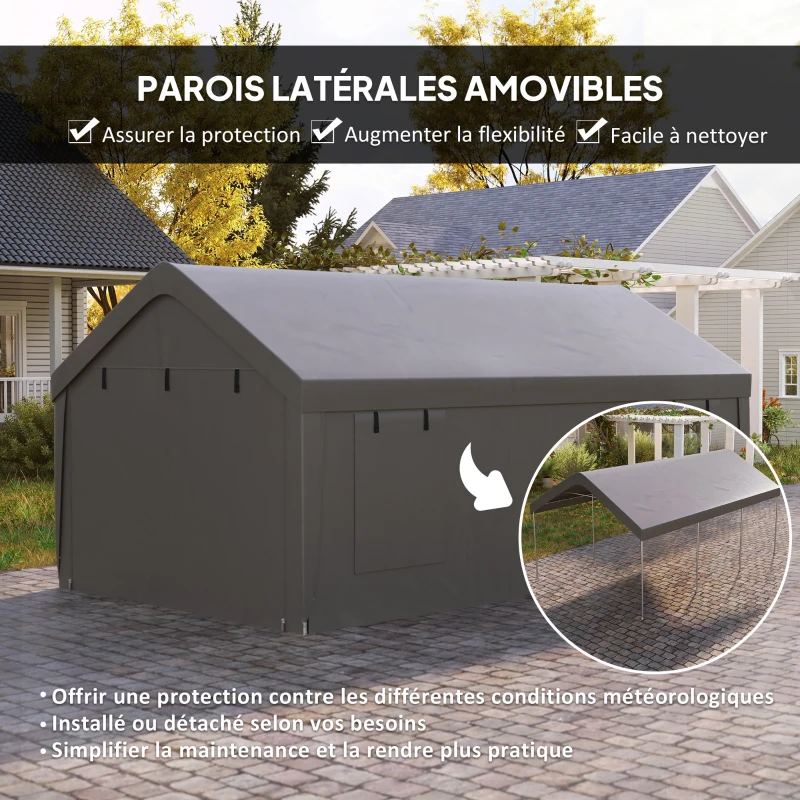 Outsunny Carport tente de garage 3 x 6 m avec parois latérales amovibles, 2 portes enroulables et 4 fenêtres, gris foncé