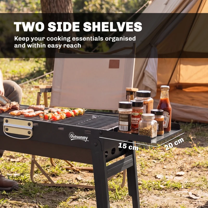 Outsunny Portable BBQ Grill, Foldable Charcoal Grill for Camping and Picnics with 2 Side Shelves and Handle, Black