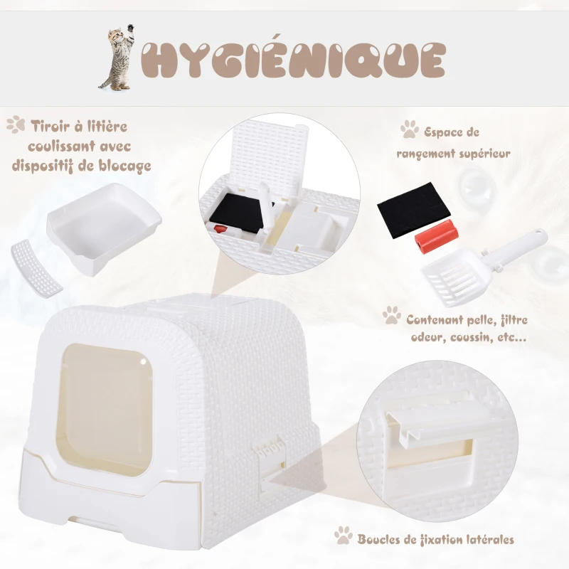 PawHut Maison de toilette pour chat tiroir à litière coulissant porte battante filtre odeur + pelle fournis 54L x 42l x 41H cm blanc