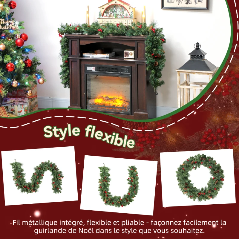 HOMCOM Guirlande de Noël artificielle 180 cm, décoration de Noël, 162 branches denses, pommes de pin, grappes de baies, vert