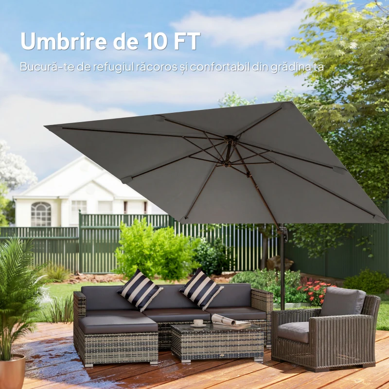 Outsunny Umbrelă de Grădină Decentralizată cu Manivelă 3x3m, Înclinabilă, Rotativă 360°, Umbrelă de Exterior Pătrată cu Bază Cruce, din Aluminiu, pentru Terasă sau Piscină, UV30+, Gri Închis