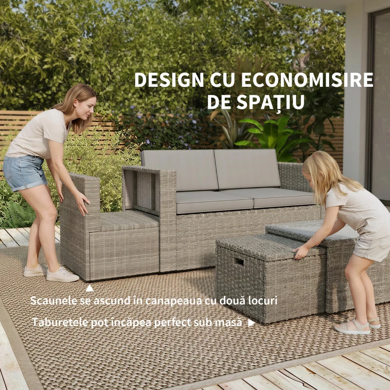 Outsunny Set Exterior 6 Piese cu Canapea, 2 Scaune, Masă cu Blat din Sticlă și 2 Suporturi pentru Picioare, Gri Închis