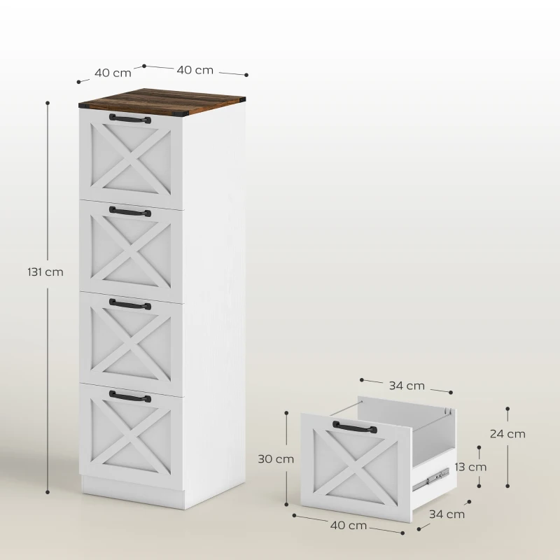 HOMCOM Schubladenschrank für Schreibtisch mit 4 Schubladen Ablage für Drucker mit Hängeschiene für A4 und Letter 40x40x131 cm Weiß