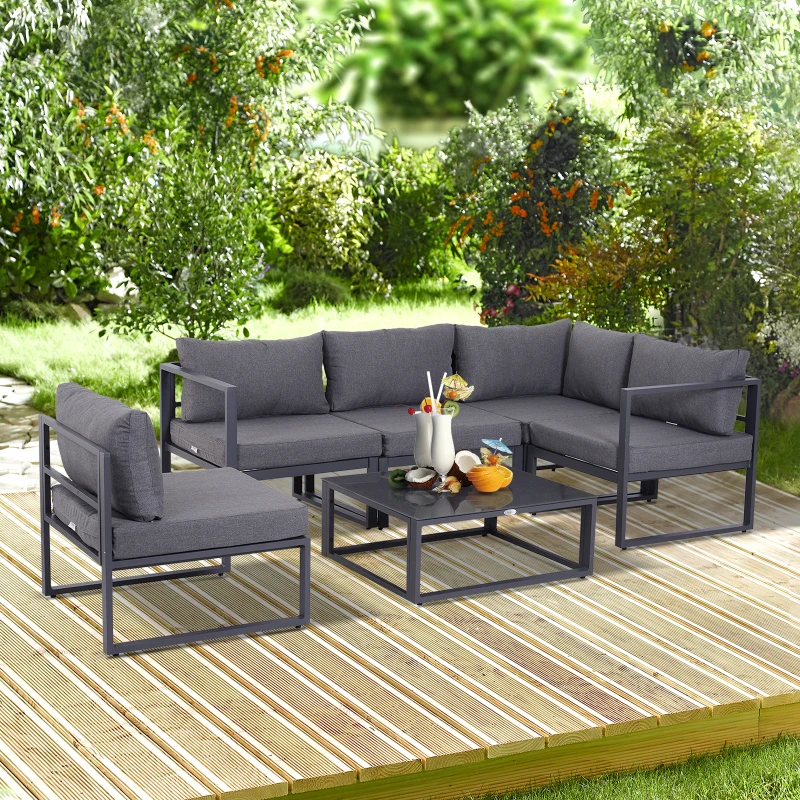 Outsunny Ensemble salon de jardin d'angle design contemporain style yachting 5 places modulable avec coussins et table basse aluminium gris