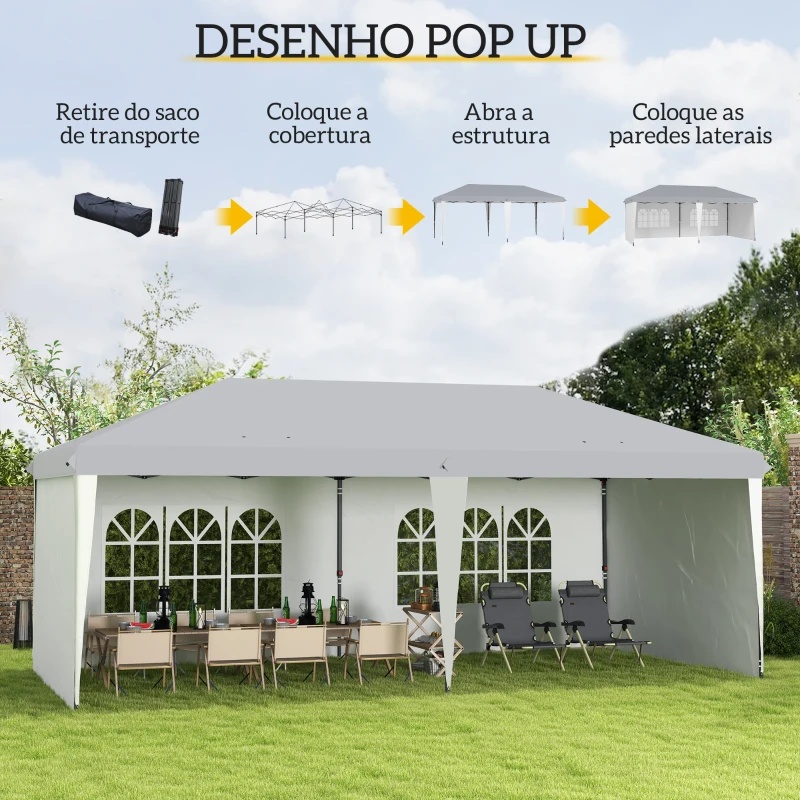 Outsunny Tenda Dobrável 6x3 m Pop-up com 4 Laterais Desmontáveis Tenda de Jardim com 2 Janelas Visíveis Saco de Transporte Branco