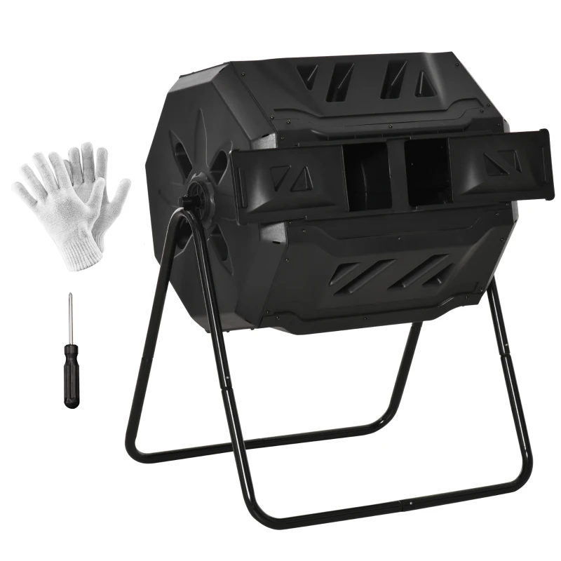 Outsunny Compostiera da Giardino Girevole a 2 Sezioni con 8 Prese d'Aria, Compostiera Domestica in Acciaio e PP, 160 L, per Compostaggio Rifiuti Organici, 71x65x96 cm, Nero
