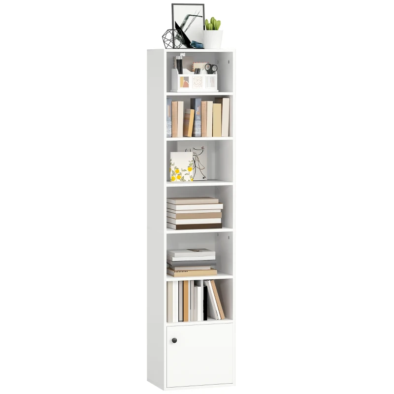 HOMCOM 7-stufiges Bücherregal Modernes Regal mit offenen Regalböden und Tür 40x30x180 cm Weiß