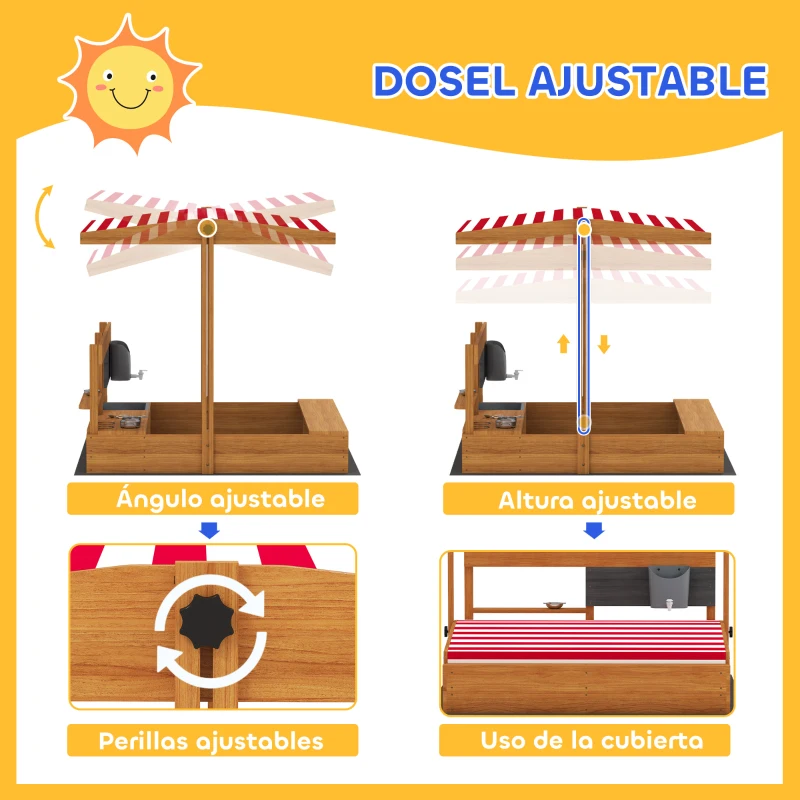 Outsunny Arenero de Madera para Niños con Techo Regulable con Juguetes de Cocina Juego para Niños 3-7 Años 114x110x110 cm Marrón
