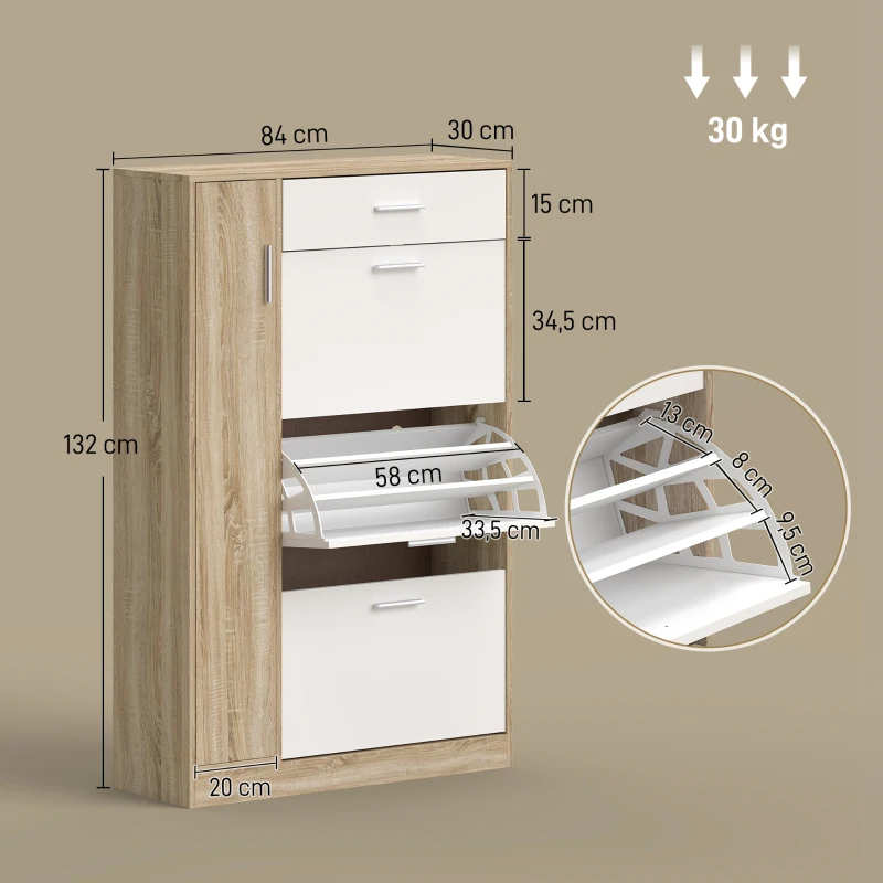 HOMCOM Mueble Zapatero de 3 Puertas para 18-27 Pares de Zapatos Zapatero Moderno con Cajón y Puerta 84x30x132 cm Natural