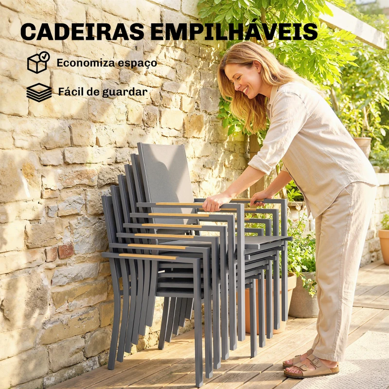 Outsunny Conjunto de Mesa e Cadeiras de Jardim de 7 Peças Móveis de Jardim para Exterior com Mesa de Plástico PSPC 6 Cadeiras Empilháveis Cinza Escuro