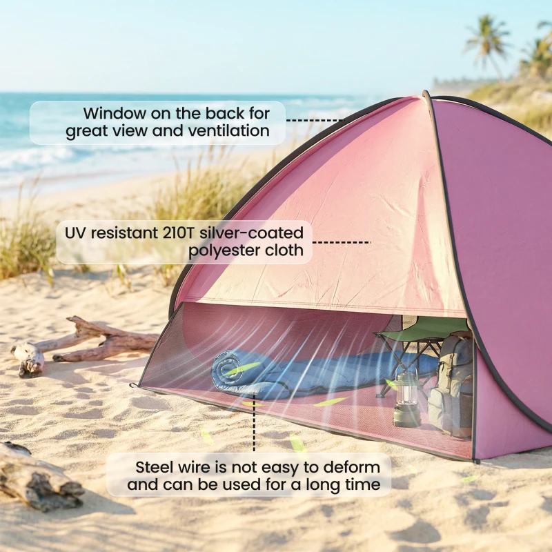 Outsunny Pop up Beach Tent, UV 50+ Sun Shelter with Carry Bag, 2x1.5m for 2-3 Person, Pink