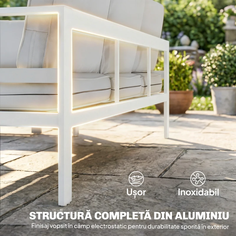 Outsunny Mobilier de Grădină din Aluminiu cu Canapea 3 Locuri, 2 Fotolii și Masă pentru Exterior, Alb