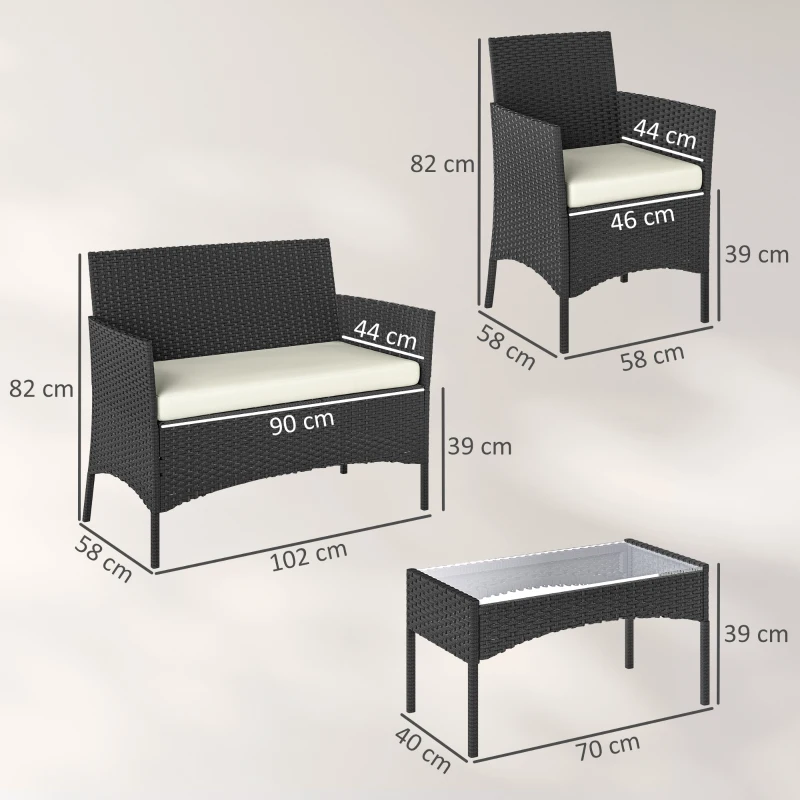 Outsunny Conjunto de Móveis de Jardim em Vime Sintético com Sofá Poltronas e Mesa de Vidro Temperado com Almofadas Preto e Creme