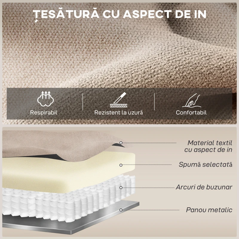 HOMCOM Fotoliu Rabatabil Manual cu Perne Groase, Mânere Căptușite și Suport pentru Picioare, Bej