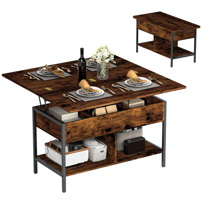 HOMCOM Höhenverstellbarer und ausziehbarer Couchtisch, Wohnzimmertisch mit verstecktem Fach und offenen Ablagen, 98x49x55cm, rustikales Braun