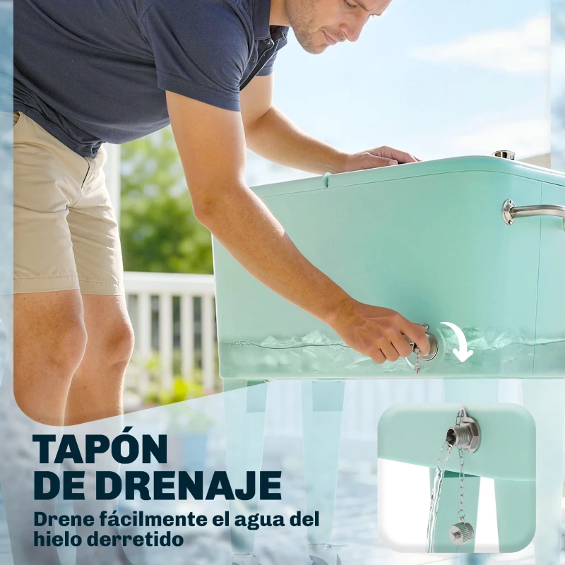 Outsunny Carro de Bebidas Refrigerado 56L con Ruedas Abrebotellas Recogetapas y Asa para Patio Fiesta 75x35x78 cm Verde Claro