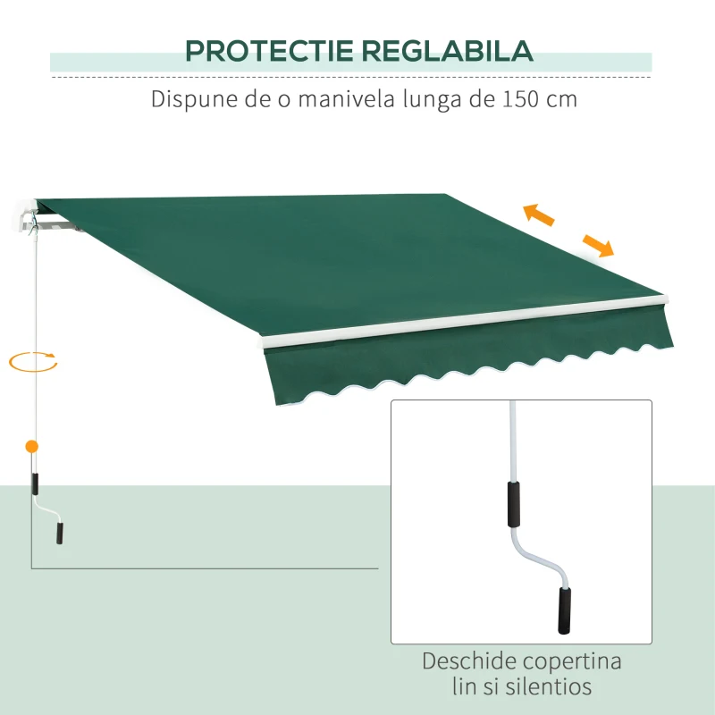 Outsunny Umbrelă de Soare cu Manivelă 3x2 m cu Unghi Reglabil, din Aluminiu, Oțel și Poliester Verde