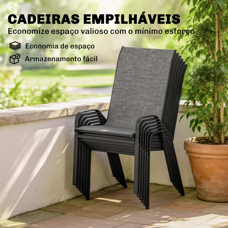 Outsunny Conjunto de Mesa e Cadeiras Jardim de 7 Peças com Mesa Metálica Efeito Madeira e 6 Cadeiras Empilháveis Cinza Misto