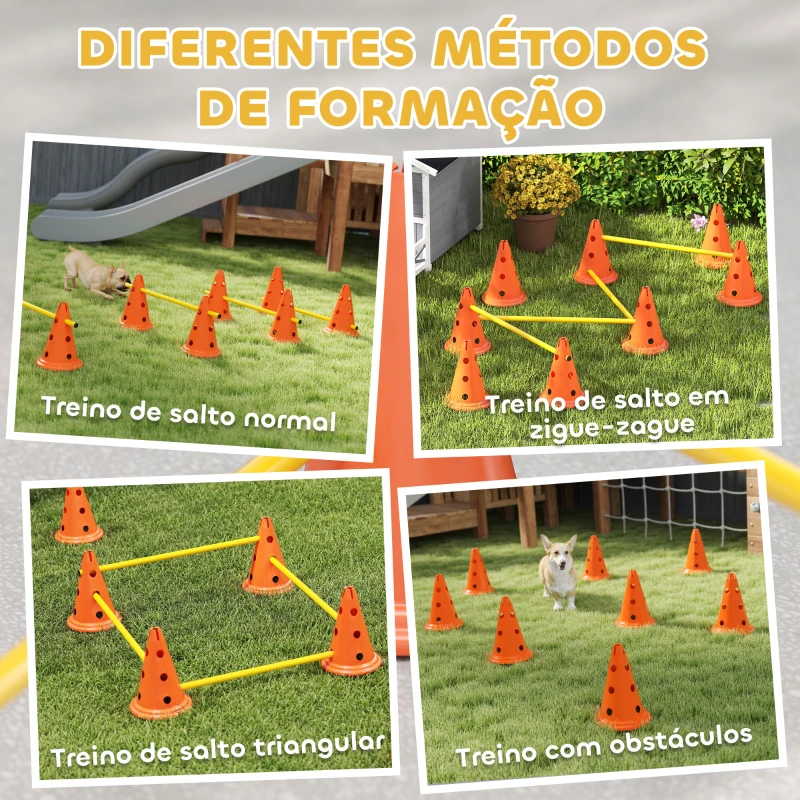 PawHut Conjunto de Agilidade para Cães Barreiras de Obstáculos para Treino de Coordenação 8 Cones 8 Barras Bolsa de Transporte Laranja