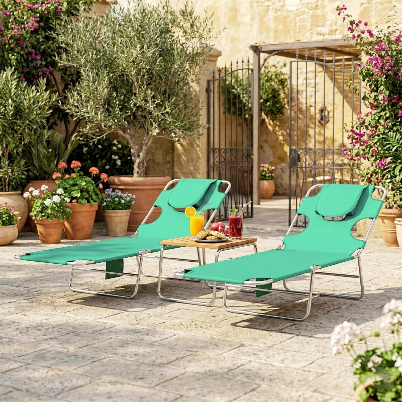 Outsunny 5-Position Adjustable Sun Loungers Set of 2 with Reading Hole and Side Pocket, Green