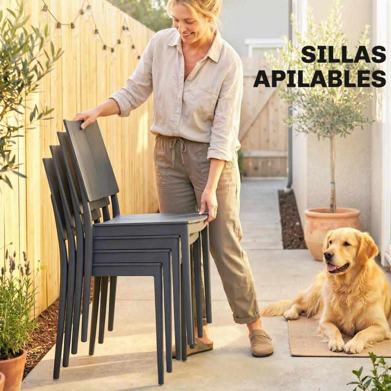 Outsunny Conjunto de Mesa y Sillas Jardín con Mesa de Tablero Ranurado y 4 Sillas Apilables para Terraza Patio Gris