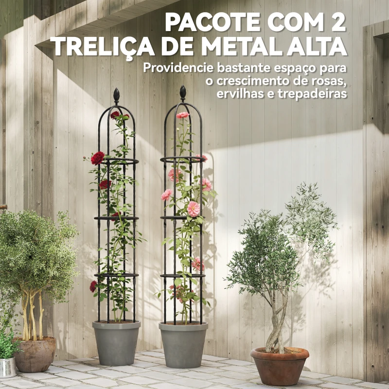 Outsunny Conjunto de 2 Obeliscos de Jardim em Aço 1,74 m Treliças para Plantas Trepadeiras Rosas para Exterior Pátio Preto