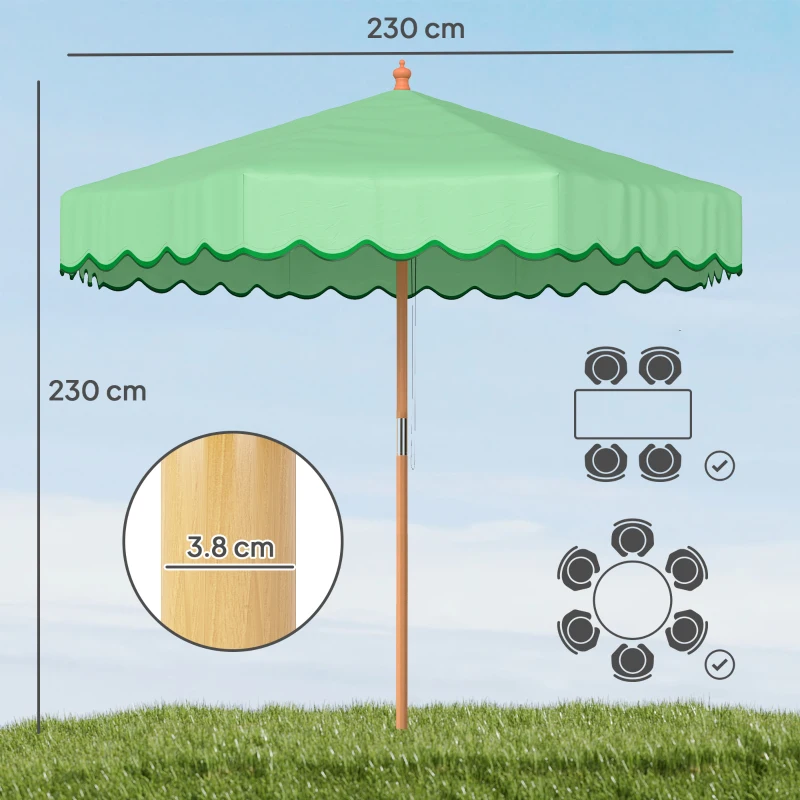 Outsunny Umbrelă de Grădină Rotundă cu Volane Retro Chic Aspect Lemn Protecție Solară UV 230 cm Verde Deschis