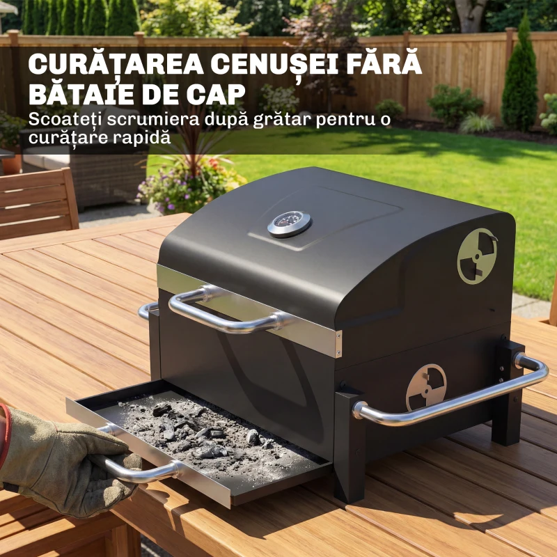 Outsunny Grătar Pe Cărbuni cu Orificii de Ventilație, Sertar pentru Cenușă, Grătar Portabil cu Termometru, Grătare, Capac, Mâner din Oțel Inoxidabil, BBQ pe Cărbuni pentru Grădină Camping, Negru