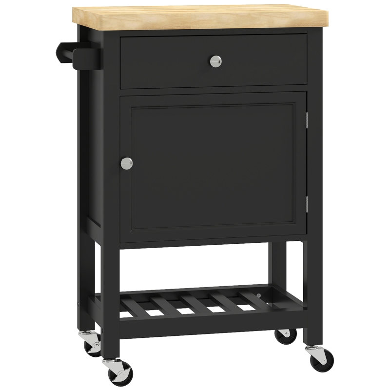 HOMCOM Küchenrollwagen auf Rollen, Servierwagen, Arbeitsplatte aus Gummibaumholz, Schublade, 63,5 x 40 x 90 cm, schwarz