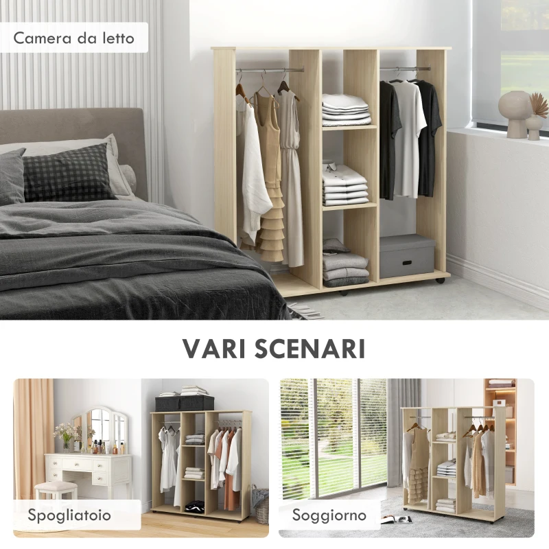 HOMCOM Armadio Guardaroba a Rotelle con 2 Barre e 3 Ripiani Aperti, in Legno e Alluminio, 120x40x128 cm, Color Legno