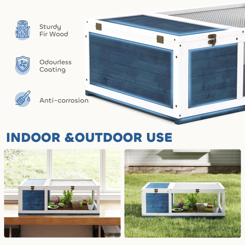 PawHut Domek dla żółwi z drewna Terrarium z głównymi domkami składany wierzch 91x60,5x32 cm, Niebieski