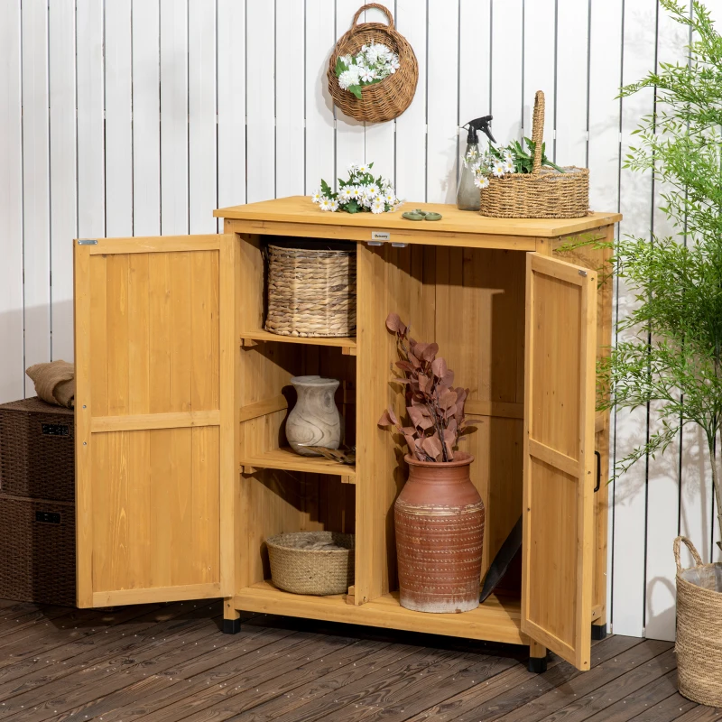 Outsunny Armoire de jardin en bois remise pour outils sur pieds avec 2 portes 2 étagères 94 x 45 x 112 cm jaune