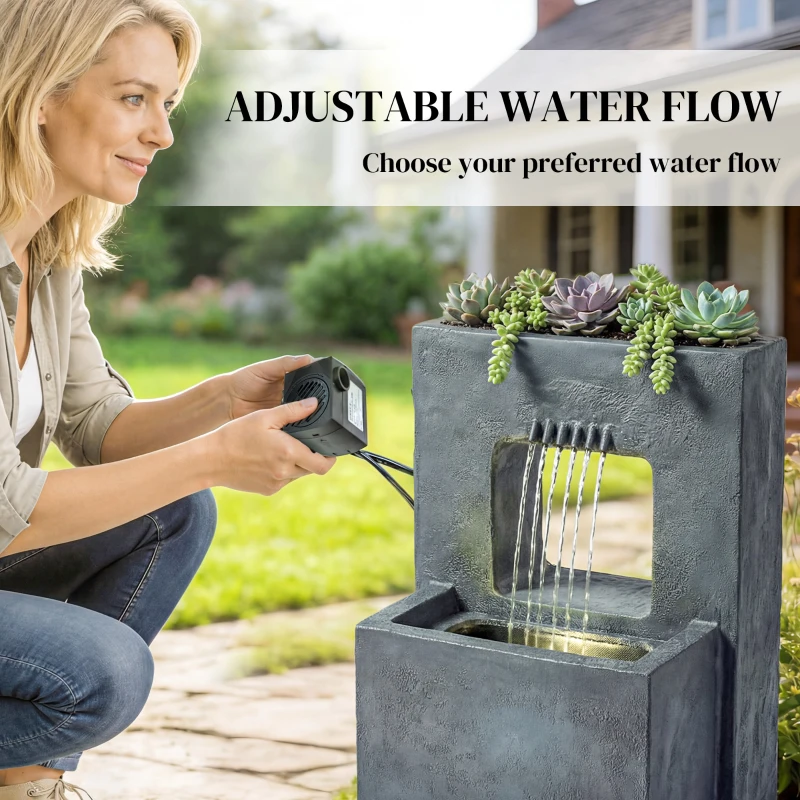 Outsunny Fontanna ogrodowa, 2-poziomowa z oświetleniem LED, donicą, designem kamienia, regulowana, 45 x 31,5 x 58,5 cm