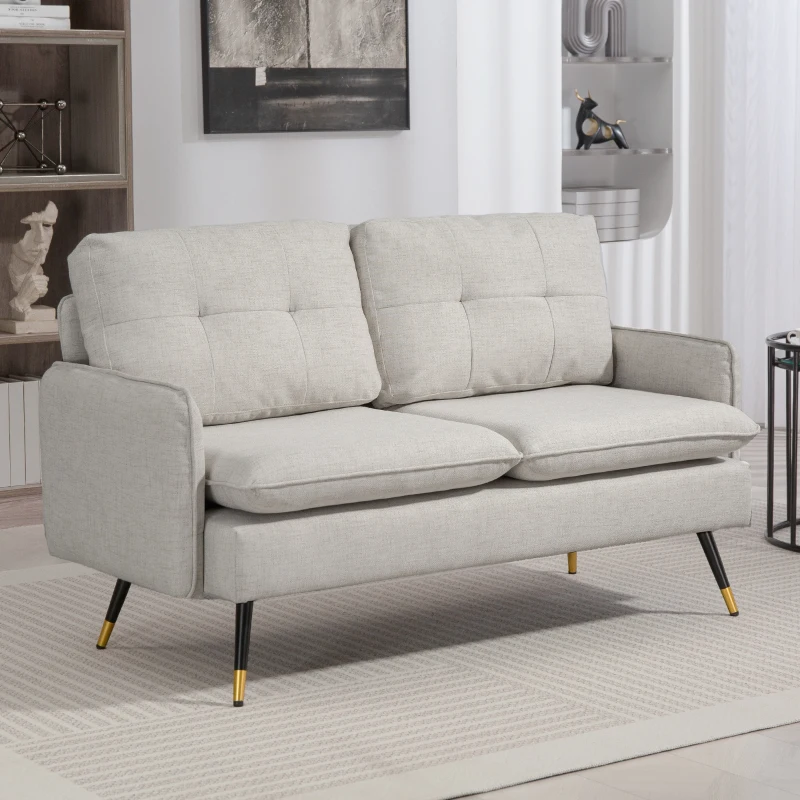 HOMCOM 2-Sitzer Sofa, Wohnzimmersofa, Kissen, gepolsterte Sitzfläche, gesteppte Rückenlehne, 139 x 68 x 80 cm, Creme