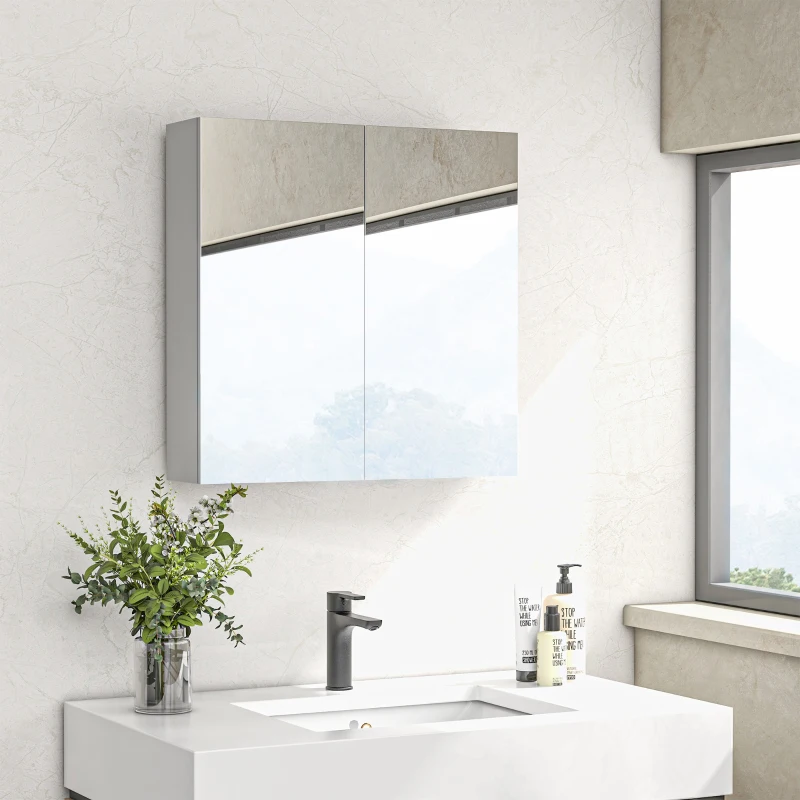 kleankin Dulap cu Oglindă pentru Baie cu 2 Uși Soft Close, 60x15x60 cm, Rafturi Reglabile, Dulap Suspendat Spațiu Economic, Alb Lucios