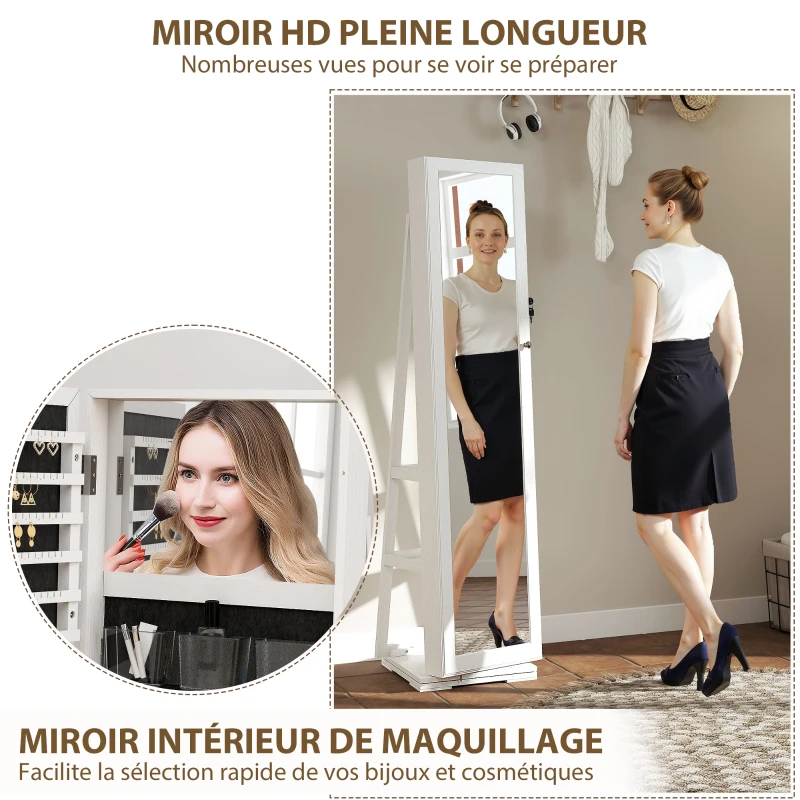 HOMCOM Armoire à Bijoux pivotante verrouillable boîte à bijoux avec Miroir - Armoire Bijoux Multi-Rangement - en Bois Blanc