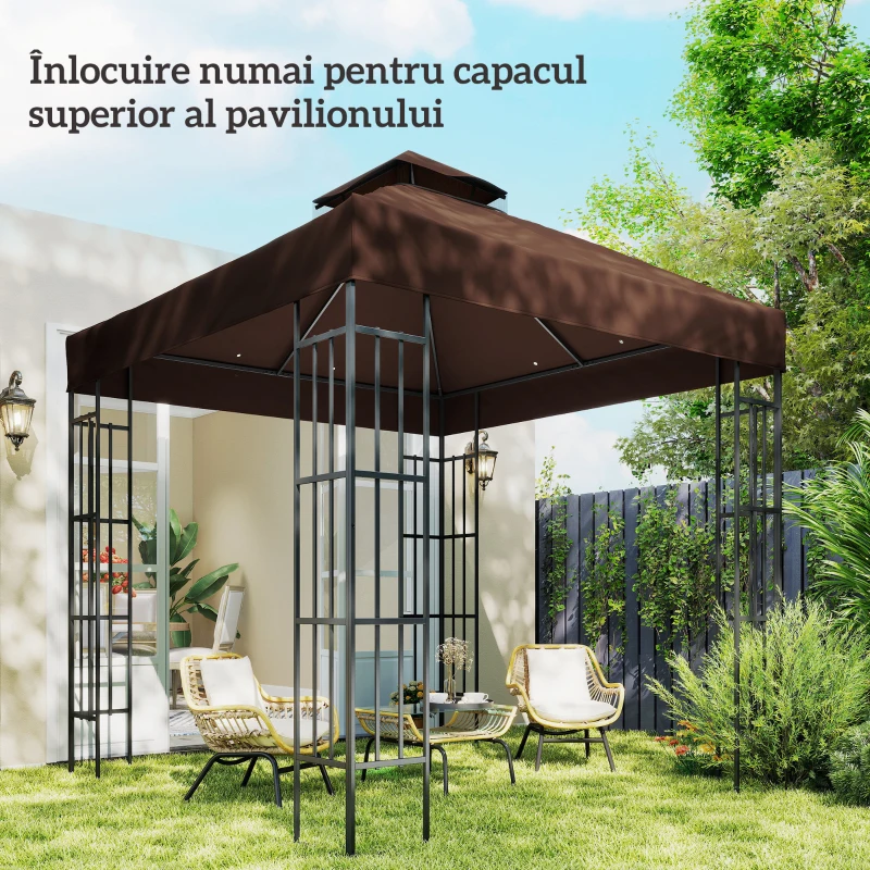 Outsunny Acoperiș de Schimb pentru Foișor 3x3 m cu 2 Niveluri pentru Grădină, Pânză Rezistentă la Apă din Țesătură Oxford 370g/㎡ Anti-UV 30+ cu Orificii de Drenaj, Cafea