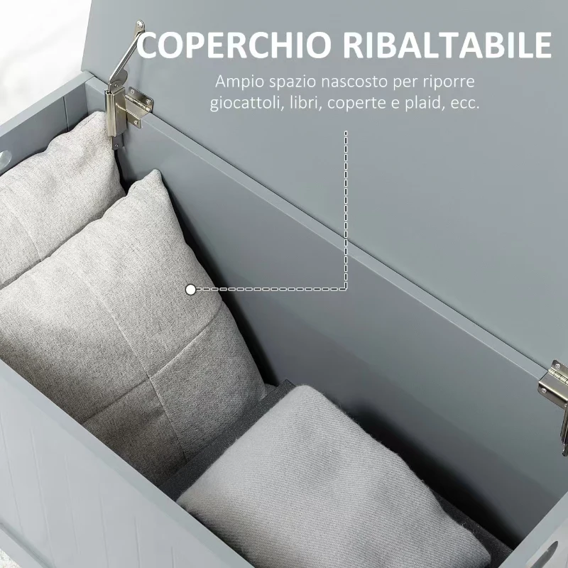 HOMCOM Baule Portaoggetti con Cerniere di Sicurezza, Cassapanca in Legno, Baule Porta Giocattoli, Coperchio Ribaltabile, Grigio
