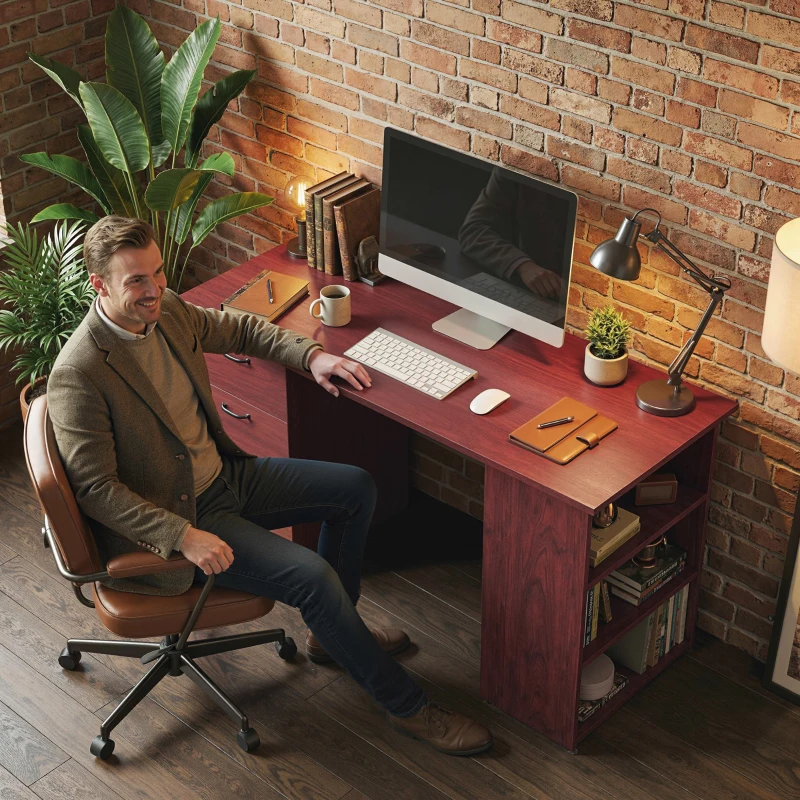 HOMCOM Computer Desk, Writing Table, PC Workstation with 3 Storage Shelves and Drawers, Handle, for Home Office, Walnut Brown