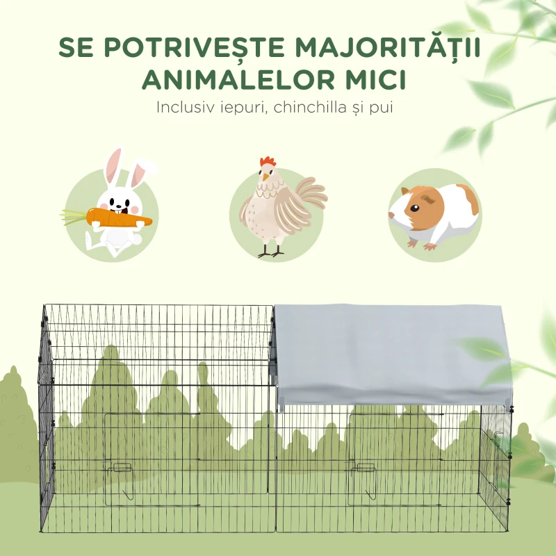 PawHut Cușcă pentru Iepuri de Exterior și Interior cu Acoperiș, 220x85x103cm, Argintiu